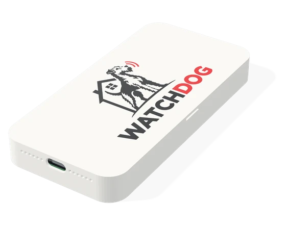 Moduł Watchdog: biała, płaska obudowa wielkości telefonu z logo marki na wierzchu, wejściem zasilania USB i rzędami otworów czujnika na krótszych bokach